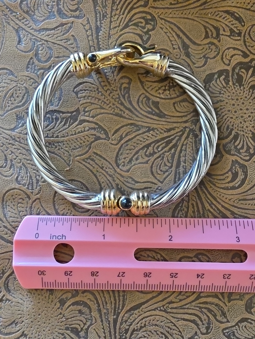 Vintage Gold Silver Two Tone Twisted Cable Black Accent Hinged Buckle Bracelet - Picture 7 of 8